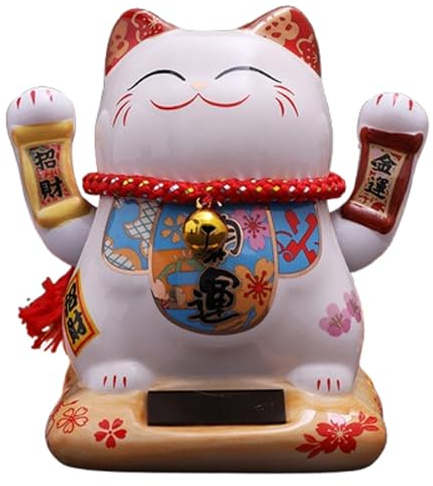 Maneki Neko de Cerámico,Solar Powered Gato Afortunado,Linda estatua de gato de la suerte,Agitando el Brazo bendición,Decoración de gato de la suerte adecuada para exhibir en tiendas