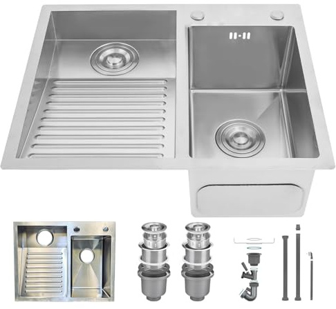 Fregadero De Acero Inoxidable SUS304 Con Tabla De Lavar – Lavadero Grande Para Lavandería, Garaje, Sótano Y Balcón – Montaje Empotrado – Con Kit De Drenaje(Left,60x48cm)