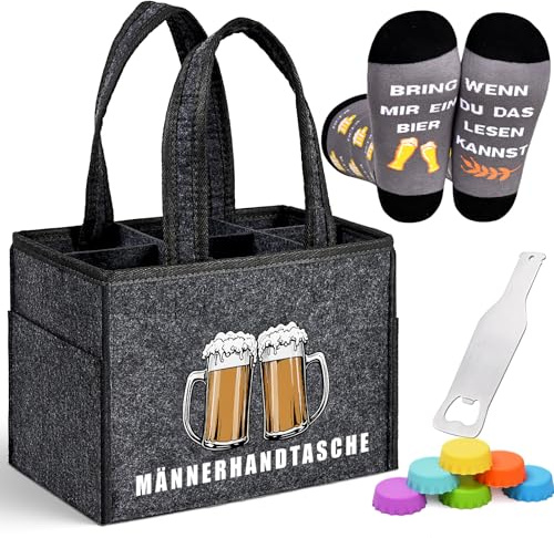 Alishomtll Geschenke Flaschentasche für Männer, Filz Männerhandtasche Bier 6 Flaschen, Bierfest Vatertag Geburtstag Herrenhandtasche mit Flaschenöffner, Bier Socken, Flaschenverschluss, Grau