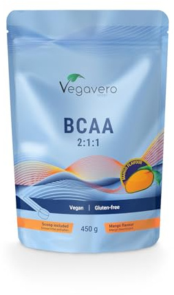 BCAA in polvere | 2:1:1 | 10 g per porzione | Potente Pre-workout | 450 g | Gusto Mango | Con L-leucina L-isoleucina e L-valina | Senza additivi | Vegan | Vegavero®