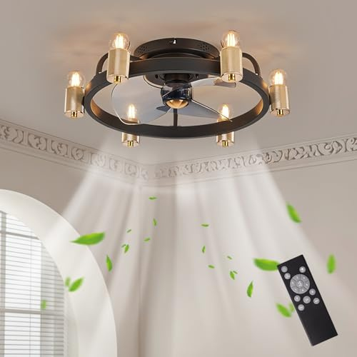 zhxinashu Ventilateur Plafond Industriel Rétro avec Télécommande,Doré | Plafonnier Ventilateur Rétro E27, Silencieux Réversible à 6 Vitesses et 3 Lames pour Chambre, Salon et Salle à Manger