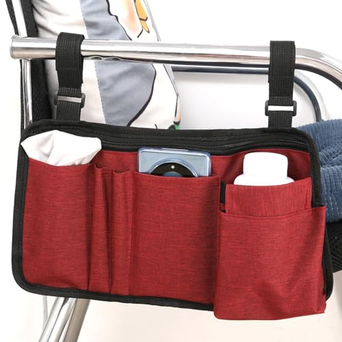 Wheelchair Side Bag with Cup Holder, Wheelchair Armrest Pouch Accessories for Walker, Rollator, Electric Scooter Wheelchairs, (kermesinus)