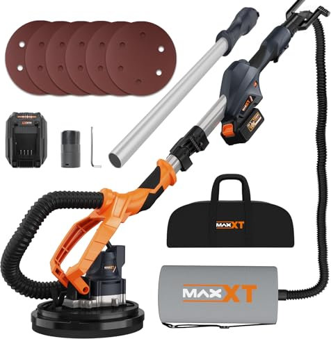 MAXXT Levigatrice per muro 20V senza spazzole: Sistema auto-aspirante, Velocità regolabile continua (600-1200 RPM), Disco da 225 mm, Pieghevole (estensibile 110-165 cm), Per pareti e soffitti