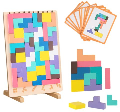 runpeak Tetris Holzspiel Kinder – Montessori Spielzeug ab 3 Jahre, Buntes Montessori Holz Tetris mit 10 Vergleichskarten, Spiel Gehirnspielzeug Geschenk, Kinder