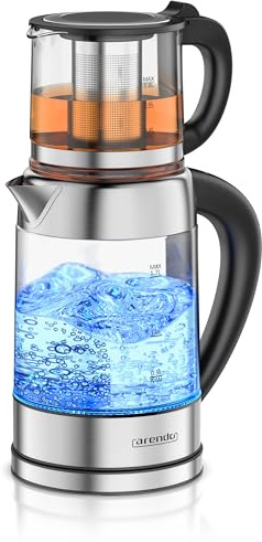 Arendo - Glas Wasserkocher mit Temperatureinstellung 1,8 Liter - Teekocher 0,8 Liter mit Sieb - 2200 W – Überhitzungsschutz – Temperaturauswahl 40° - 100°C - Warmhaltefunktion - LED Beleuchtung