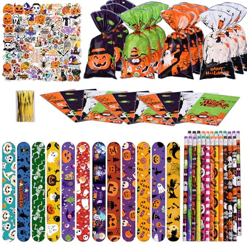 Eymobad 124Pcs Halloween Party Mitgebsel Geburtstag Set,Halloween Schreibwaren Sets mit Slap Armbänder, Bleistifte, Aufkleber,Party Dekoration Geschenk