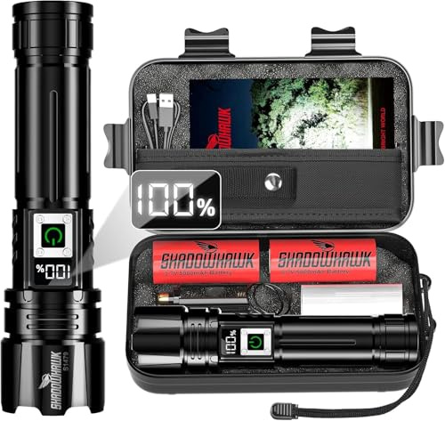 Shadowhawk Lampe Torche Led Ultra Puissante 24H Éclairag | Militaire 1000000 Lumens Rechargeable Lampe de Poche (2X 5000mAh), Flashlight Longue Portée pour Camping/Randonnée, avec LCD Display