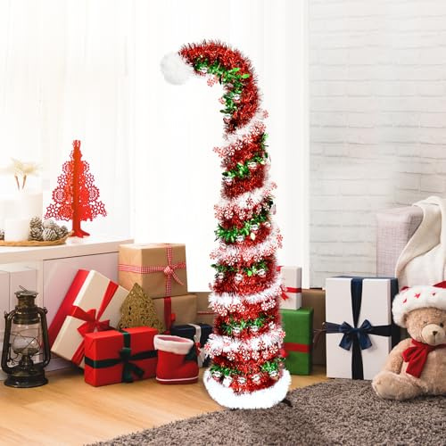 Árbol de Navidad plegable de 1,5 m con guirnalda en espiral blanca, árbol de Navidad de oropel artificial para decoración navideña en interiores y exteriores, fácil montaje, ahorra espacio