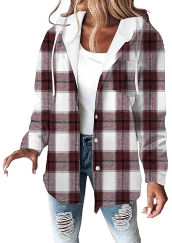 Chanpning Veste a Carreaux Femme Surchemise Surchemise Carreaux Chemisier Manches Longues Hiver Manteau À Boutons Blouse Avec Capuche Bûcheron Veste Chaud Surdimensionnée Décontracté Chic Chemise
