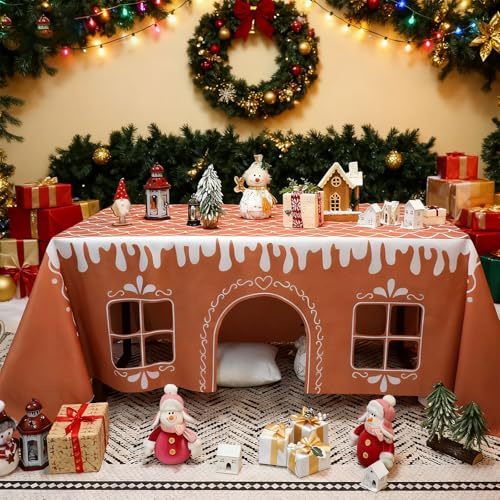 Gingerbread House Christmas Tablecloth, Reusable Rectangle Gingerbread Playhouse Tablecloth, Table Cover with Playful Cut-Out Windows for Xmas Family Gathering, Holiday Birthday Party (S)