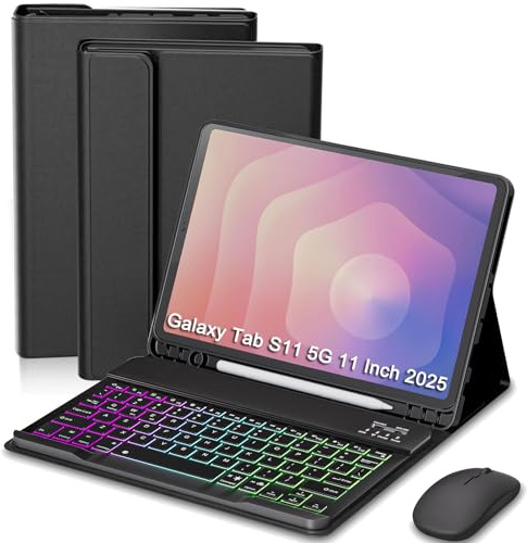 VLEAQC Keyboard Case for Samsung Galaxy Tab S11 11-Inch 2025, 7-Color RGB Backlit Detachable Wireless Keyboard & Mouse Combo – Protective Folio Cover with Pen Holder (SM-X730/SM-X736B) (Black)