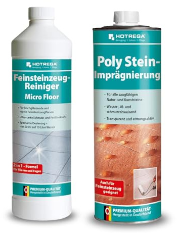 HOTREGA Feinsteinzeug-Reiniger 1L + Stein-Imprägnierung 1L | Pflegeset | Konzentrat gegen Fett & Schmutz | Tiefenschutz für matte oder polierte Fliesen | Algen-Stopp & Fleckschutz | Außen & Innen
