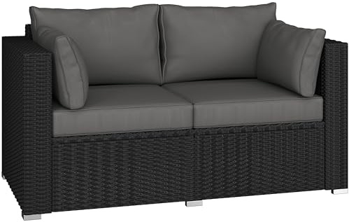 Yaheetech Patio Rattan Sofa, 2-Seater Garden Furniture with Cushions & Throw Pillows, Outdoor Rattan Couch with Protective Cover for Balcony, Yard, Porch, Deck, Black & Grey