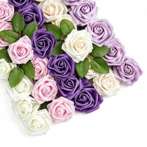 30 Piezas Rosas Artificiales Blanco y Morado Rosas Flores Espuma con Tallo | Flores Artificiales Rosa Espuma Artesanía DIY para Bodas Novia Ramos Centros Mesa, San Valentín día, Madre día Fiesta hogar