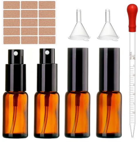 Haveneit Lot de 8 flacons pulvérisateurs en verre marron de 20 ml, petits flacons pulvérisateurs à remplir, pour huiles essentielles, huiles parfumées, colorants liquides, mélanges d'aromathérapie