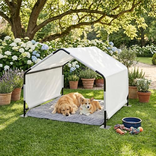 [en.casa] Tenda da Esterno per Cani Cuccia per Animali Domestici con Tetto e Pareti Laterali Telaio in Acciaio Telo Idrorepellente 122x122x90 cm Tettoia Impermeabile Giardino - Nero/Bianco