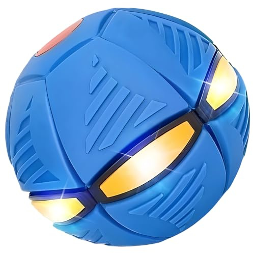 Machify Platillo volador interactivo azul para mascotas, bola de disco de rebote automático para mini cerdos, perros, ovejas, transformable con 6 luces LED, bola interactiva de plástico elástico