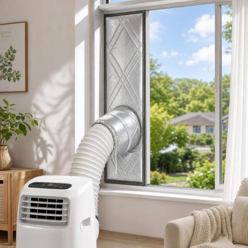 Paño de sellado portátil para ventanas de aire acondicionado, kit de ventilación de tela Oxford con revestimiento plateado para ventanas y puertas, sello hermético de manguera de escape con ganchos