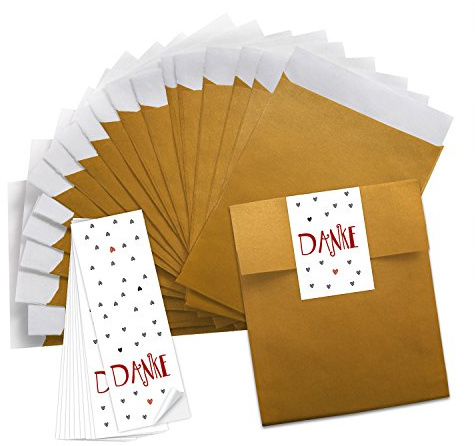 Logbuch-Verlag 25 goldfarbene Papiertüten 13 x 18 cm + Danke Aufkleber rot weiß Flachbeutel Dankeschön Geschenk Verpackung