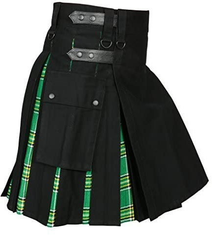 Men ' s Hybrid Utility Kilt Black & Irish Tartan (Belly Button 38)