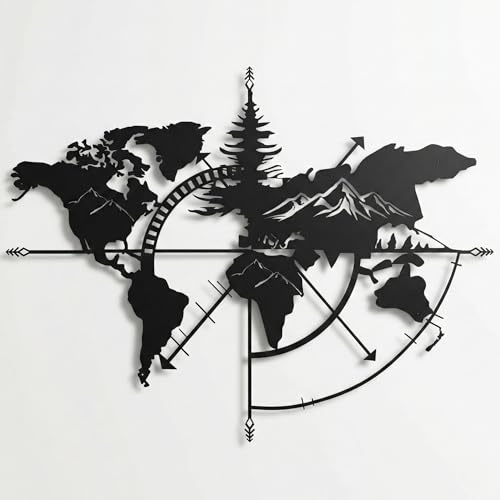 Weltkarte aus Metall, Berge, Wanddekoration aus Metall, Heimdekoration, Wohnzimmerdekoration, Metallschild (117 x 91 cm)