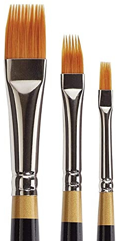 KINGART Premium 3 pc. Original Gold 9120 Series RAKE Comb Artist Brush Set, Synthetic Golden Taklon Hair for Acrylic, Oil, Watercolor and Gouache Paint, Short Handle, 3 Sizes: 1/8, 1/4, 1/2