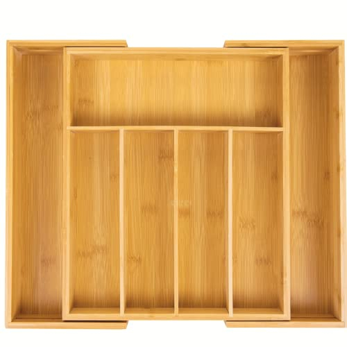Klass Home Large Cutlery Drawer Organiser - 5-7 Compartment Bamboo Kitchen Tray, Expandable Utensil Rack 43cm x 35cm