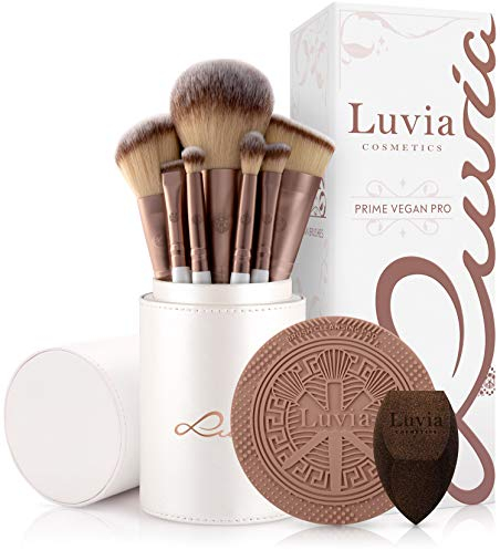 Luvia Cosmetics Pennelli Make Up Professionali Set Prime Vegan Pro, 12 Pennelli Da Trucco Con Contenitore Per Pennelli, Spugna E Tappetino Per La Pulizia Per Pennelli, Madreperla/Caffè