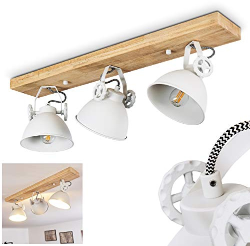 HOFSTEIN Deckenleuchte Svanfolk, verstellbare Deckenlampe aus Metall/Holz in Weiß/Natur, Leuchte im Industrial/Retro/Vintage-Design mit Holzbalken, 3 x E14, Wohnzimmer, Esszimmer, Schlafzimmer, Küche