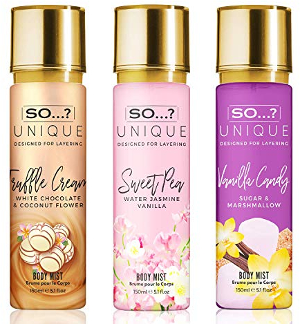 So…? Unique Womens Candy Kiss Bundle Truffle Cream, Sweet Pea, Vanilla Candy Body Mist Spray Mixed Fragrance Bundle 150ml (Pack of 3)