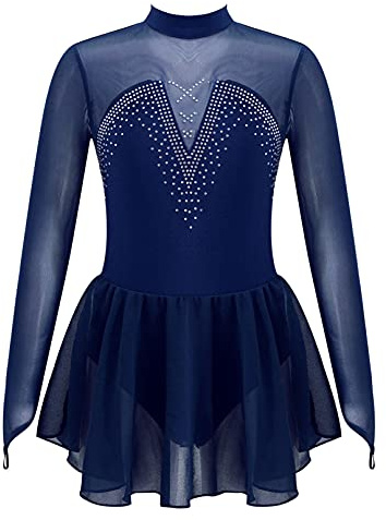 TiaoBug Abito da Pattinaggio Artistico sul Ghiaccio per Ragazze Bambine Concorso Gara di Pattinaggio di Figura Vestito da Balletto Pattinatrice a Maniche Lunghe 4-14 Anni Blu D 12 Anni