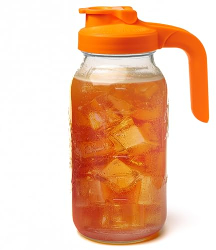 County Line Kitchen Glass Mason Jar Pitcher with Lid - Wide Mouth, 2 Quart (64 oz) - Heavy Duty, Leak Proof - Sun & Iced Tea Pitcher, Cold Brew Coffee, Breast Milk Storage - 2 Liters, Sunrise Orange