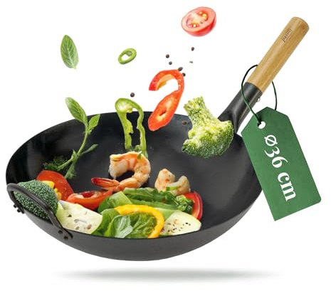 pasoli Wok para cocina de gas y barbacoa, incluye libro electrónico de recetas gratuitas, precocido - Sartén asiática con base redonda - Acero al carbono Bratwok - Sartén wok martillada a mano -