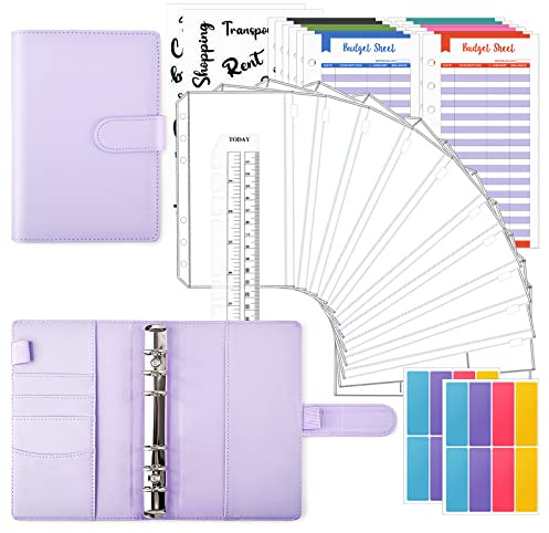 TOYESS 30Pcs Carpeta de Cuaderno A6, Archivadores Cuero de PU con 12 Bolsas Transparente, 12 Hojas de Presupuesto, Clasificador de Presupuesto para Guardar Tarjetas Fotos Facturas, Púrpura