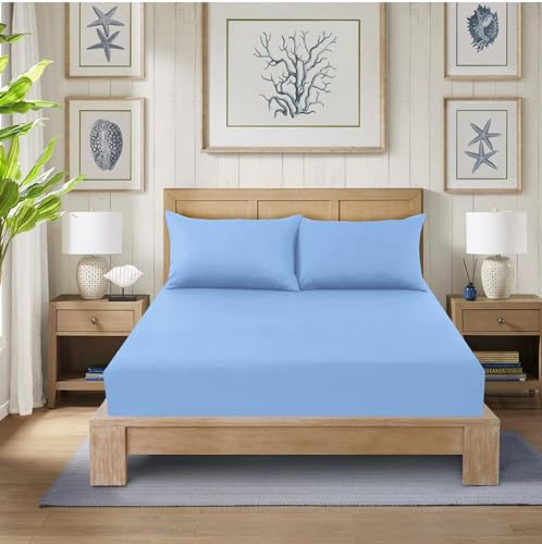 CHARKHAH Polycotton Fitted Sheet for Single Double King Super King Bed 200 Thread Count Anti Wrinkle Plain Bedding 25 cm Extra Deep Fitted Sheets Cover with Elastic Edges (Sky-Blue, Double)