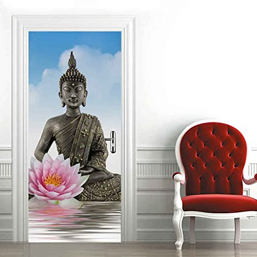 MUCXBE Türtapete 3D Selbstklebend Buddha-Blume Türposter Türaufkleber Innentür Wohnzimmer Schlafzimmer Badezimmer Wasserdicht Abnehmbare Türdeko Vinyl Wandbild Fototapete 88x200cm