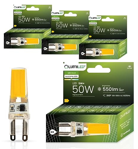 Lumiled LED Lampen G9 4er Set Leuchtmittel 5W (ersetzt 50W Glühlampe) 4000K Neutralweiß 550lm 360° Lichtwinkel 230V Glühbirnen kleine Birne Energiesparende kein Flackern COB Lichtquelle