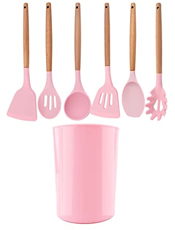 Juego de utensilios de cocina de silicona, antiadherentes, mango de madera, utensilios de cocina, juego de utensilios de cocina, color rosa, 7 unidades
