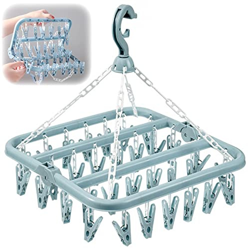 MENFENG Clothes Drying Hanger and Drip Foldable Hanging Sock Rack（32 Clips ） Multifunction clothes drying rack，Rotary Wind-sock hanger for washing line，for Socks, Underwear, Bras, Baby Clothes (Blue)