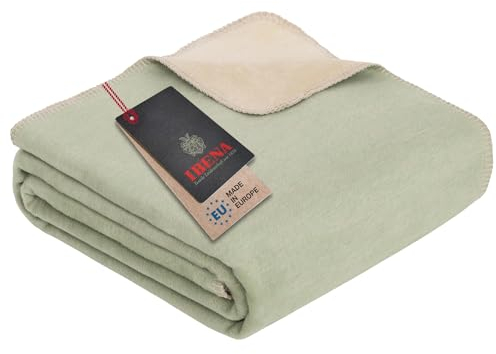 Ibena Dublin Decke 150x200 cm - Baumwollmix kuschelig, warm & waschbar, Wendedecke Salbei Natur