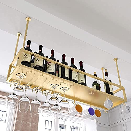 FanXus Weinregal-Deckenmontage, hängende Weinglasregale, Kelch-Stielglashalter, Metall-Weinflaschen-Lagerregal, Bars, Dekoration, Tassenhalter, Gold (Größe: 100 x 25 x 21 cm) Made in China