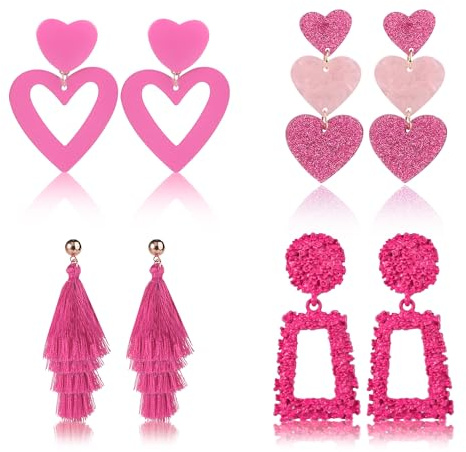 Paia Orecchini Rosa a Cuore con Nappe Rosa e Pendenti Rettangolari per Donne, Accessori per San Valentino