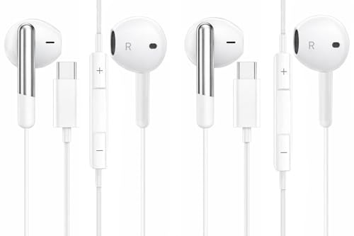 Lot de 2 écouteurs USB C de type C avec micro filaire, contrôle du volume, HiFi stéréo, écouteurs intra-auriculaires pour iPhone 17, 16, 15 Pro Max et iPad Pro Air Mini