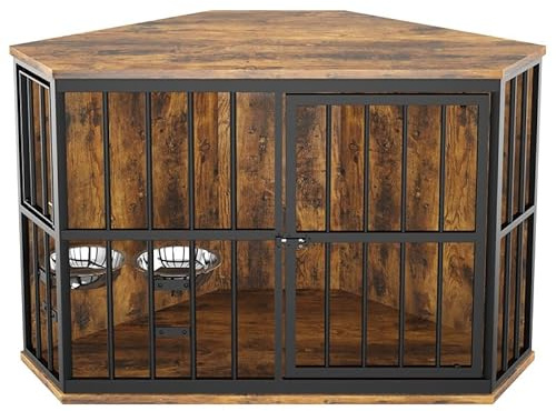 ROOMTEC 106,7 cm Möbel Hundekäfig Ecke, Hundehütte Ecktisch Holz Beistelltisch mit Schüssel, Indoor Pet Crates Corner Beistelltisch für Hunde, Breite Oberseite Perfekt für begrenzten Raum