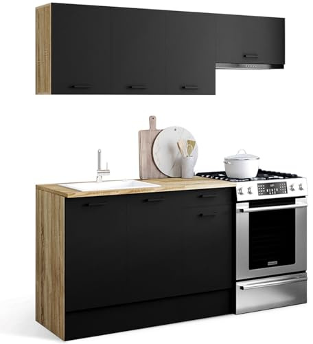 IDMarket - Cuisine complète 180 cm Subtil avec Plan de Travail 5 éléments Bois et Noir