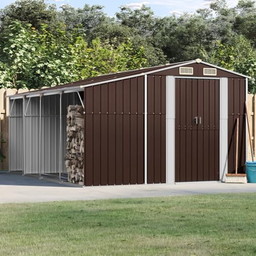 Homgoday Gerätehaus Geräteschuppen Metall-Schuppen Schiebetür Gartenschrank Gartenhaus mit 4 Lüftungsöffnungen Garten Schuppen Gartenschrank Braun 277x365,5x179 cm Verzinkter Stahl