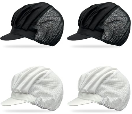 EUPSIIU 4 Pièces Béret de Cuisinier Chapeau de Cuisine Unisexe avec Maille, Chef Chapeau, Travailler pour Atelier Usine Cuisine Restauration Boulangerie, Taille Unique (Blanc, Noir) (Blanc, Noir)