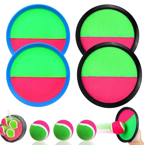 Klettballspiel, Fangballspiel mit 4 Fangscheiben 4 Bälle, Kinder Klettball , Klettball Set Strandspiel,Kinder Spaß im Freien Spiel,Klettballspiel für Kinder Wurf und Fangspiel,Sommerspielzeug,Schwarz