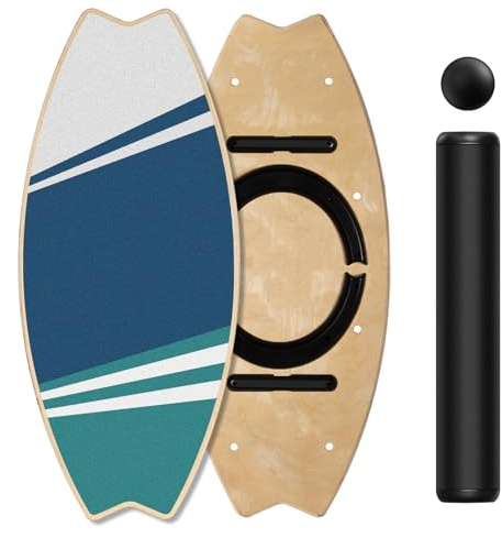 Leogreen Balance Board aus Holz in Surfboard, 7 Schwierigkeitsstufen, Gleichgewichtstrainer, bis 160 kg belastbar mit Verstellbaren Stoppern, Roller, Blaugrün