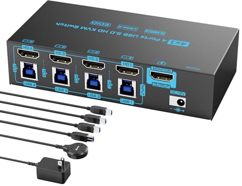 8K HDMI 2.1 KVM Switch 4 Computers 4 Port USB 3.0 8K@60Hz/4K@144Hz 4 In 1 Out Keyboard Mouse KVM Switches EDID Emulator for 4 PCs Share 1 Monitor and 4 USB Devices, with 4 USB 3.0 Cable & Wired Remote